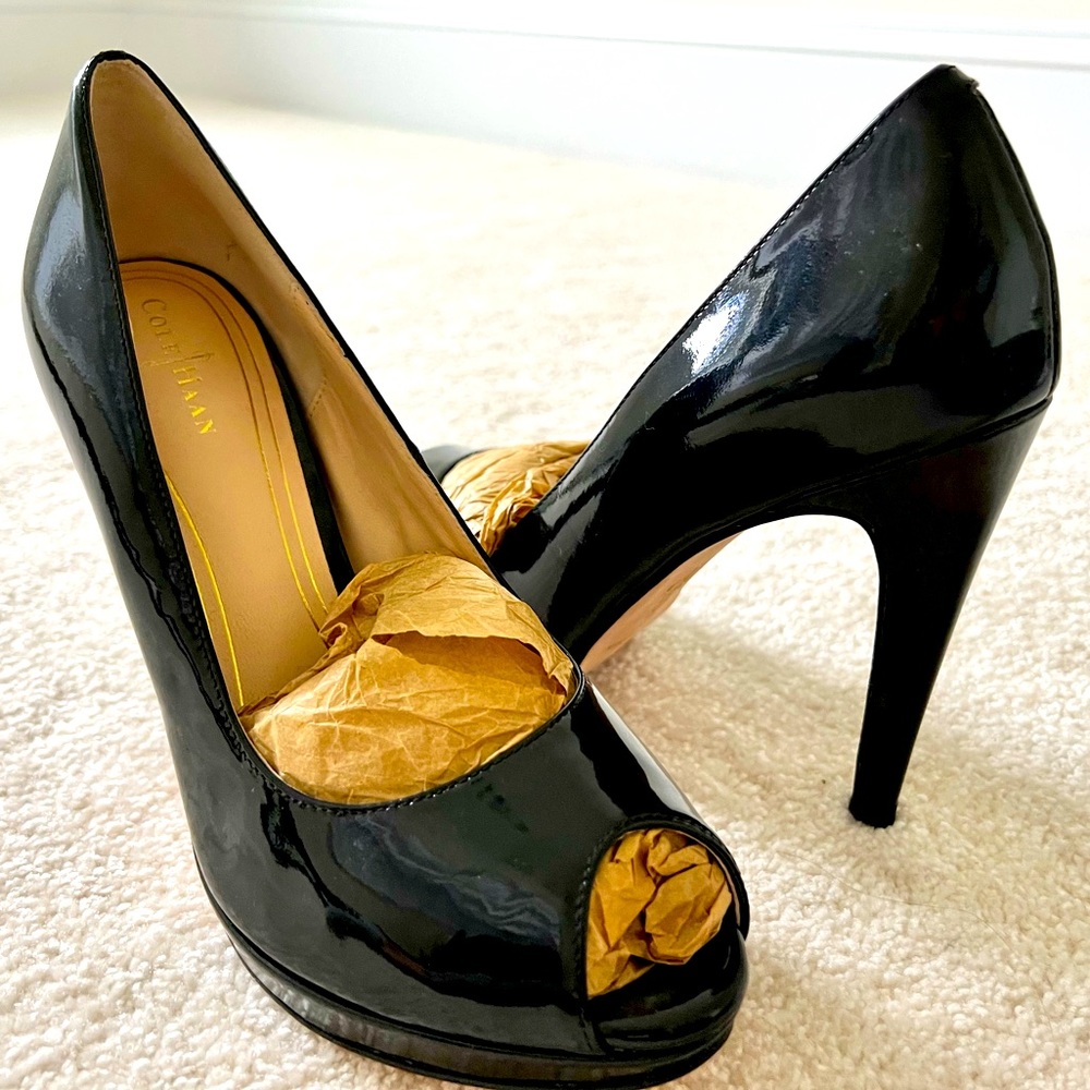 Black Patent Cole Haan Peep Toe Heels. Worn once, like new. Nike Air tech, sz 9B